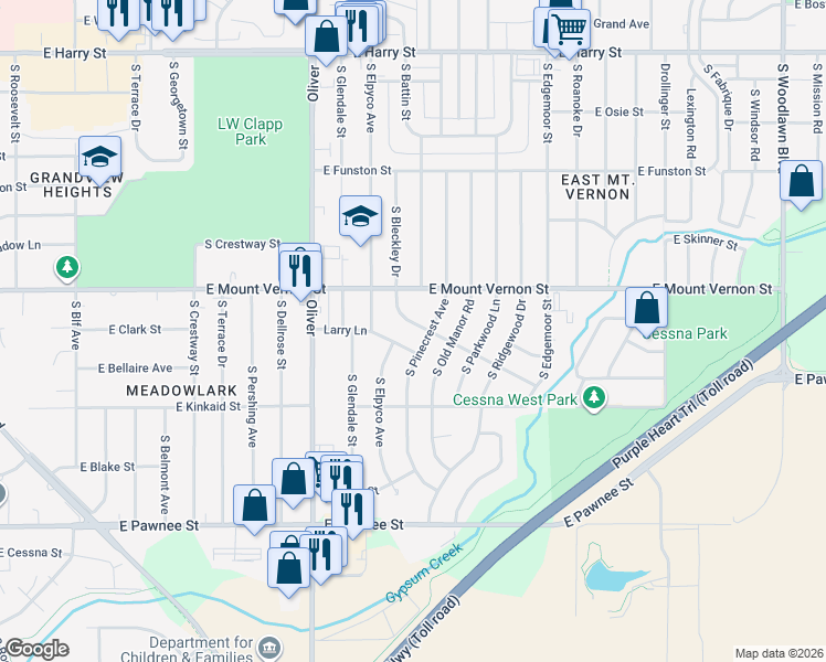 map of restaurants, bars, coffee shops, grocery stores, and more near 5119 Gramar Street in Wichita
