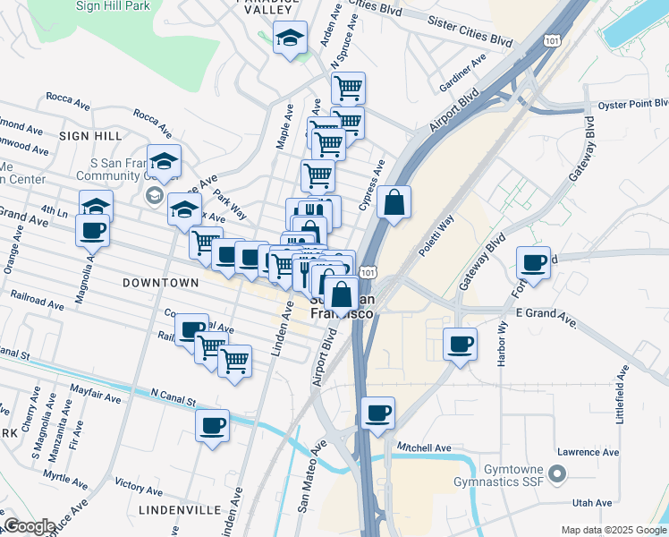 map of restaurants, bars, coffee shops, grocery stores, and more near 401 Cypress Avenue in South San Francisco