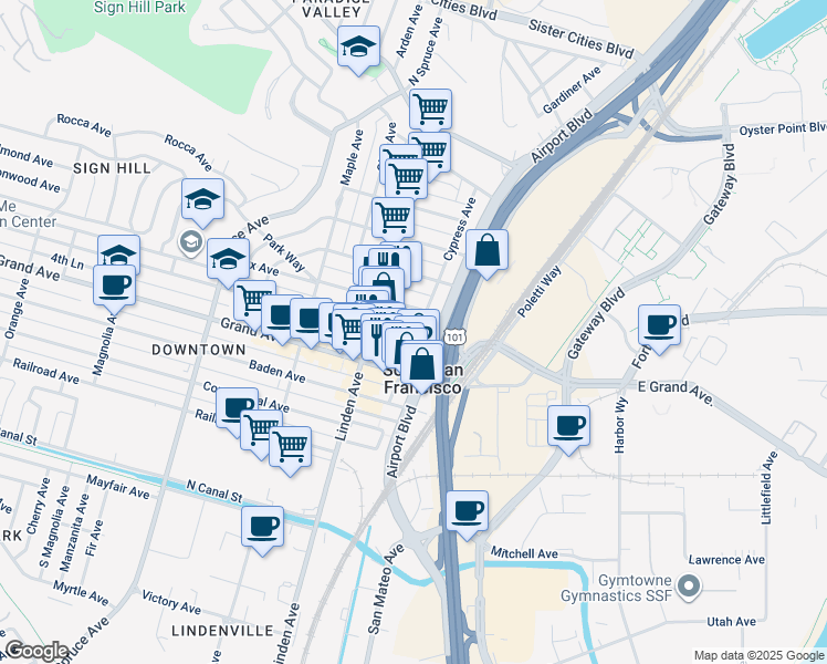 map of restaurants, bars, coffee shops, grocery stores, and more near 401 Cypress Avenue in South San Francisco