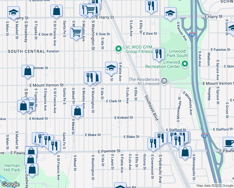 map of restaurants, bars, coffee shops, grocery stores, and more near 2037 S Pattie St in Wichita