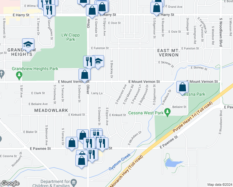 map of restaurants, bars, coffee shops, grocery stores, and more near 5119 Gramar Street in Wichita