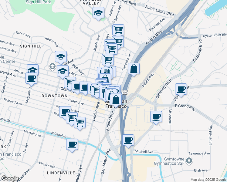 map of restaurants, bars, coffee shops, grocery stores, and more near 411 Airport Boulevard in South San Francisco