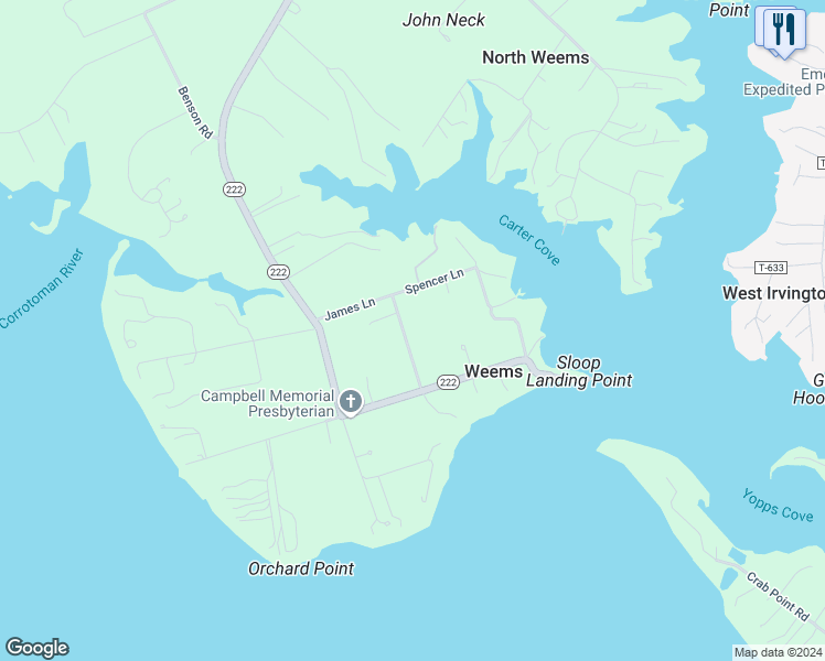 map of restaurants, bars, coffee shops, grocery stores, and more near 257 James Lane in Weems