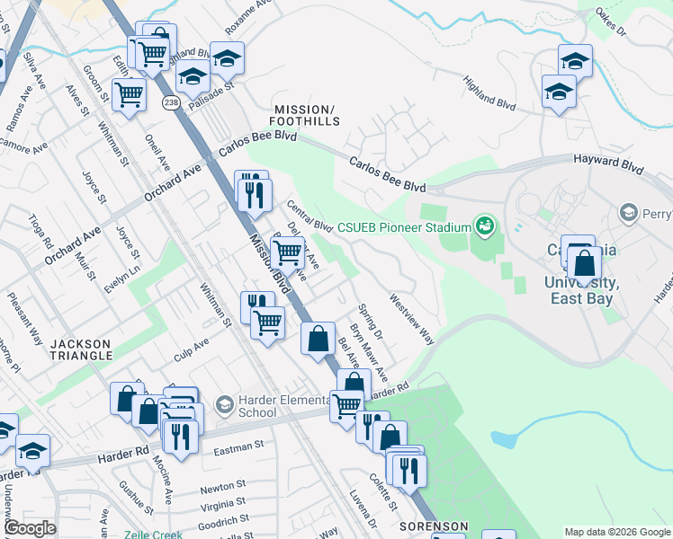 map of restaurants, bars, coffee shops, grocery stores, and more near 25546 Del Mar Avenue in Hayward