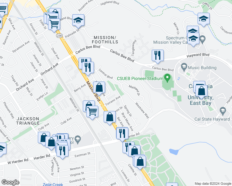 map of restaurants, bars, coffee shops, grocery stores, and more near 25546 Del Mar Avenue in Hayward