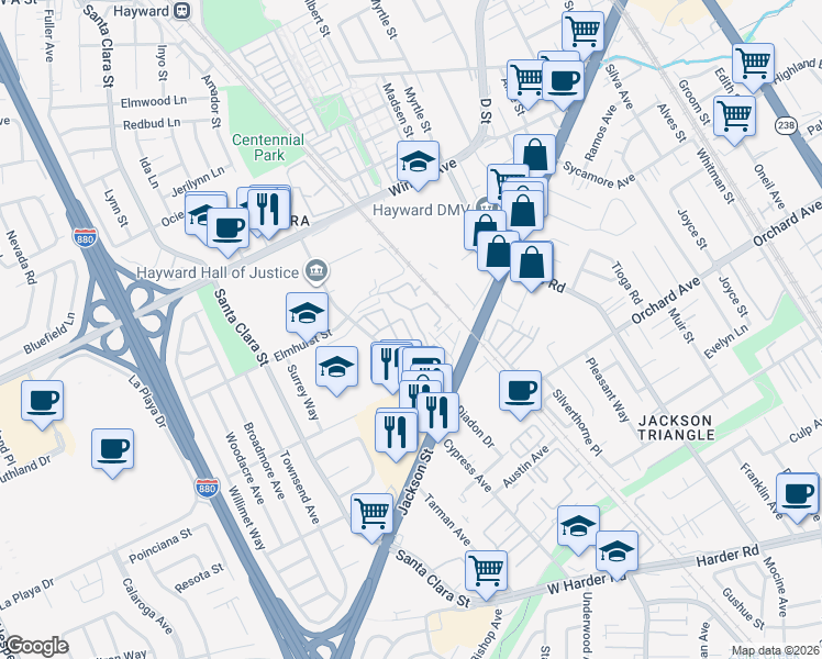 map of restaurants, bars, coffee shops, grocery stores, and more near 24650 Amador Street in Hayward