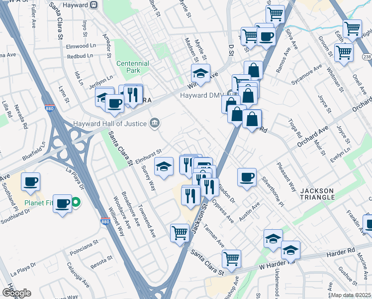 map of restaurants, bars, coffee shops, grocery stores, and more near 24650 Amador Street in Hayward