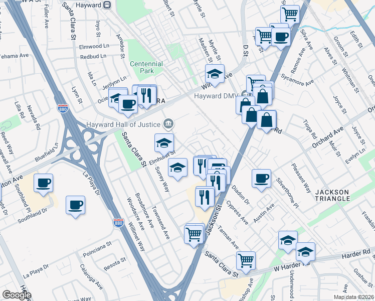 map of restaurants, bars, coffee shops, grocery stores, and more near in Hayward