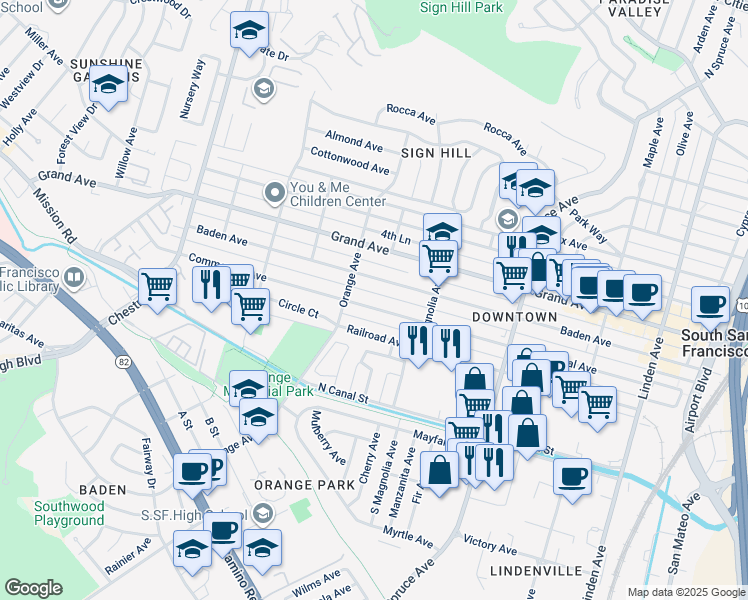map of restaurants, bars, coffee shops, grocery stores, and more near 654 Commercial Avenue in South San Francisco
