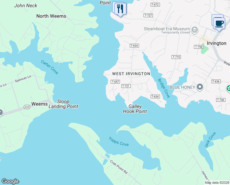 map of restaurants, bars, coffee shops, grocery stores, and more near 118 Rappahannock Road in Irvington