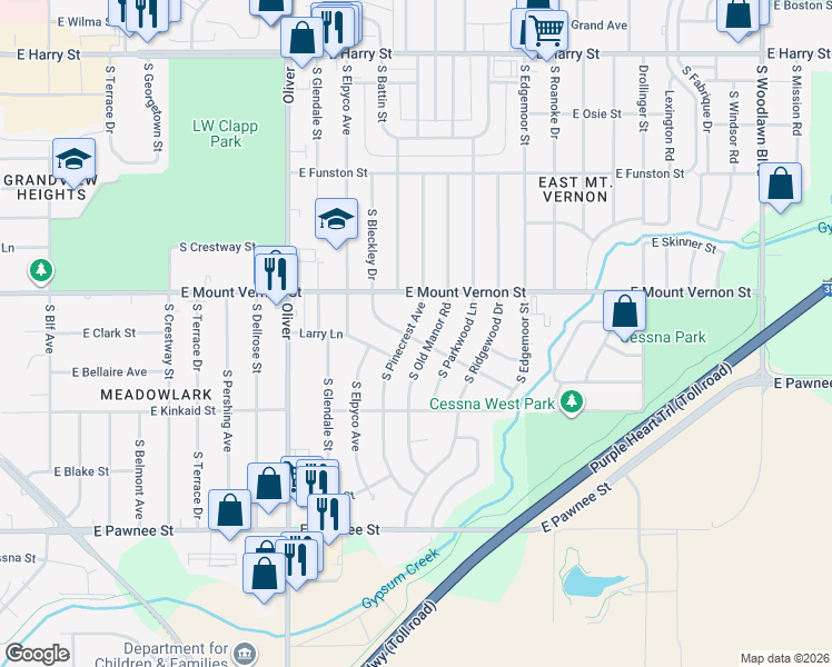 map of restaurants, bars, coffee shops, grocery stores, and more near 2051 South Old Manor Road in Wichita