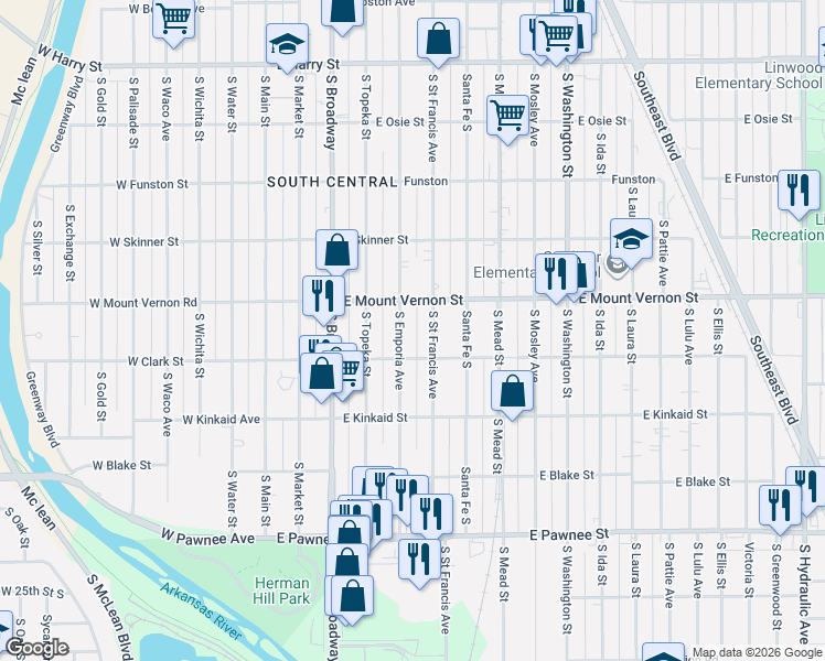 map of restaurants, bars, coffee shops, grocery stores, and more near 2037 St Francis S in Wichita