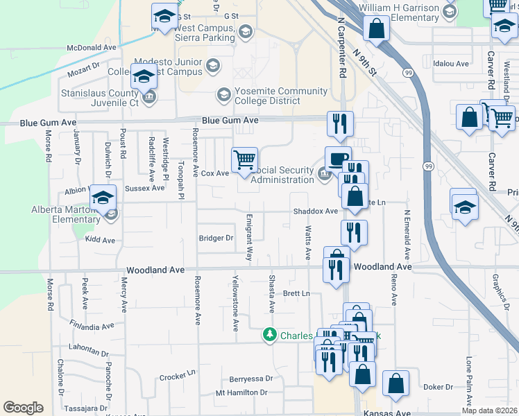 map of restaurants, bars, coffee shops, grocery stores, and more near 1433 Seneca Court in Modesto