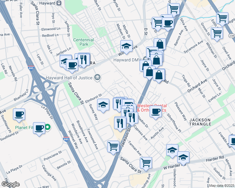 map of restaurants, bars, coffee shops, grocery stores, and more near 24650 Amador Street in Hayward