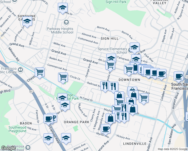 map of restaurants, bars, coffee shops, grocery stores, and more near 654 Commercial Avenue in South San Francisco