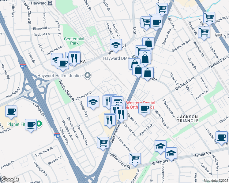 map of restaurants, bars, coffee shops, grocery stores, and more near 24650 Amador Street in Hayward