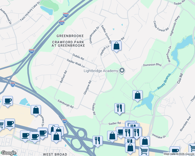 map of restaurants, bars, coffee shops, grocery stores, and more near 4391 Glasgow Road in Glen Allen