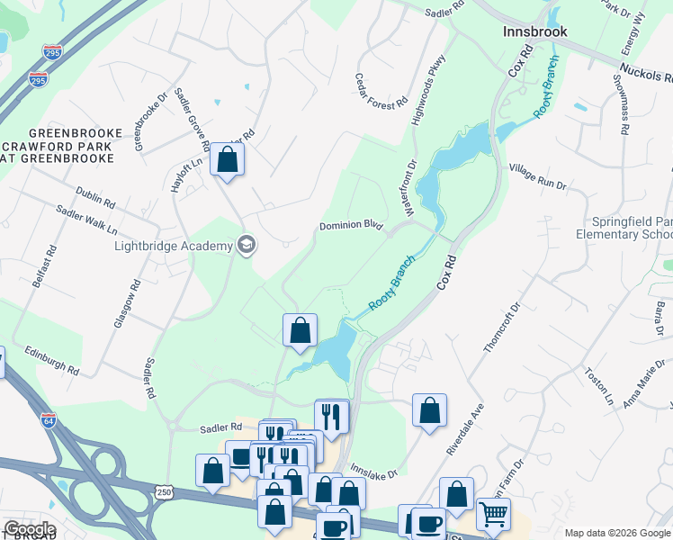 map of restaurants, bars, coffee shops, grocery stores, and more near 5000 Dominion Boulevard in Glen Allen