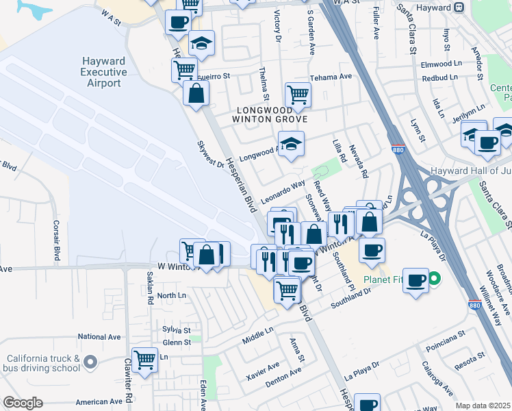 map of restaurants, bars, coffee shops, grocery stores, and more near 992 Leonardo Way in Hayward