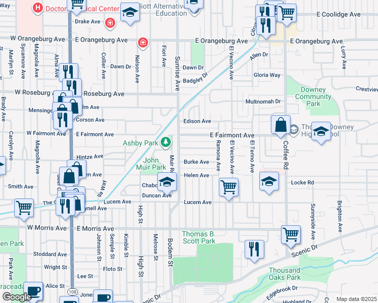 map of restaurants, bars, coffee shops, grocery stores, and more near 806 Annabelle Avenue in Modesto
