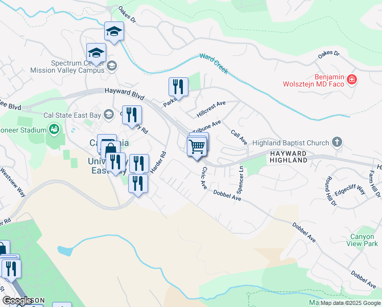 map of restaurants, bars, coffee shops, grocery stores, and more near 2487 Creekside Court in Hayward
