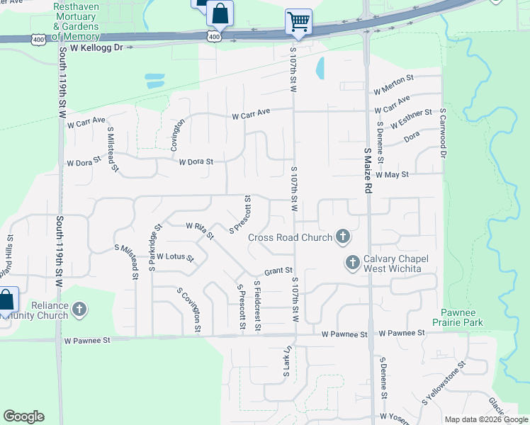 map of restaurants, bars, coffee shops, grocery stores, and more near 2021 South Fieldcrest Street in Wichita