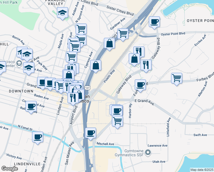 map of restaurants, bars, coffee shops, grocery stores, and more near 201 Gateway Blvd in South San Francisco