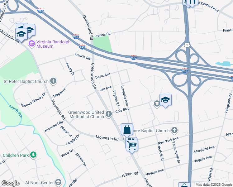 map of restaurants, bars, coffee shops, grocery stores, and more near 10155 Virginia Road in Glen Allen
