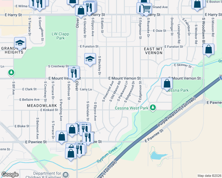 map of restaurants, bars, coffee shops, grocery stores, and more near 2051 South Old Manor Road in Wichita