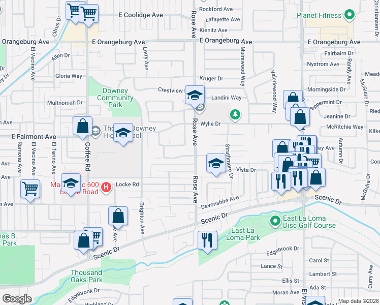map of restaurants, bars, coffee shops, grocery stores, and more near 1721 Angelene Drive in Modesto