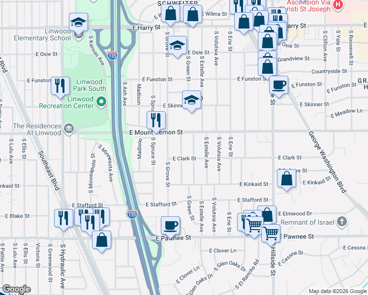 map of restaurants, bars, coffee shops, grocery stores, and more near 2044 South Poplar Street in Wichita