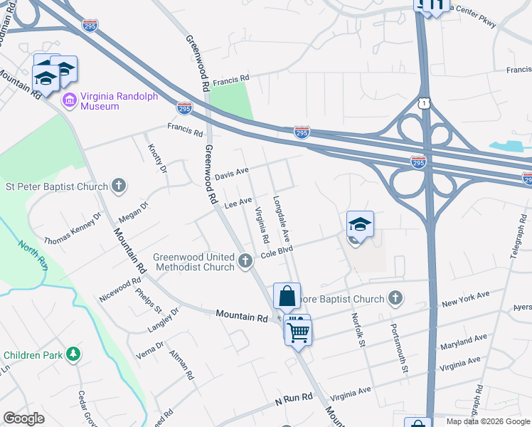 map of restaurants, bars, coffee shops, grocery stores, and more near 10160 Virginia Road in Glen Allen