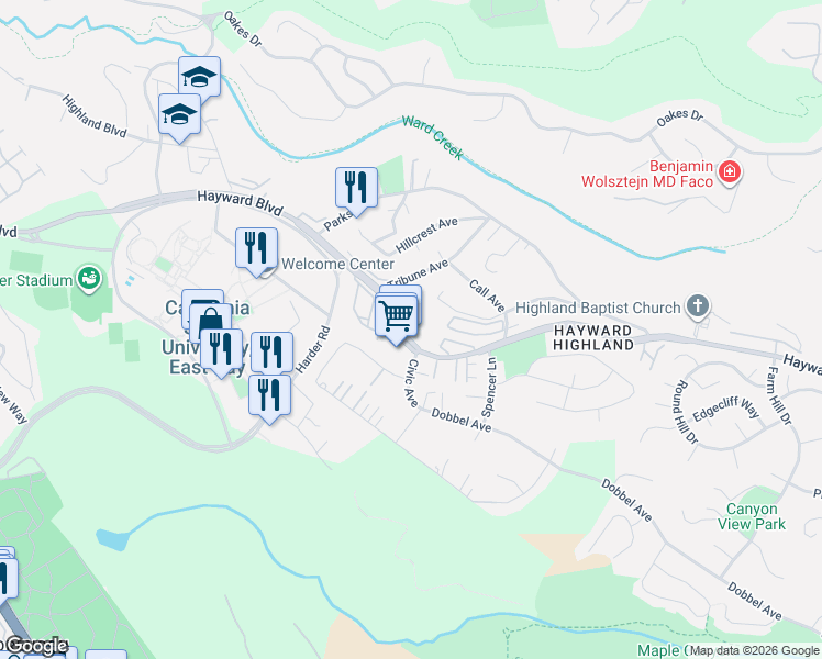 map of restaurants, bars, coffee shops, grocery stores, and more near 26736 Hayward Boulevard in Hayward