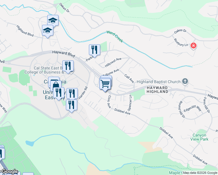 map of restaurants, bars, coffee shops, grocery stores, and more near in Hayward