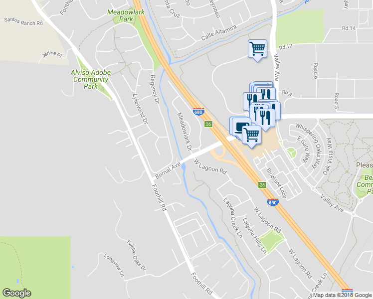 map of restaurants, bars, coffee shops, grocery stores, and more near 2302 Meadowlark Drive in Pleasanton
