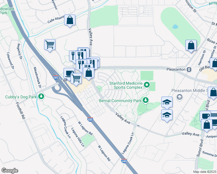 map of restaurants, bars, coffee shops, grocery stores, and more near 126 East Gate Way in Pleasanton
