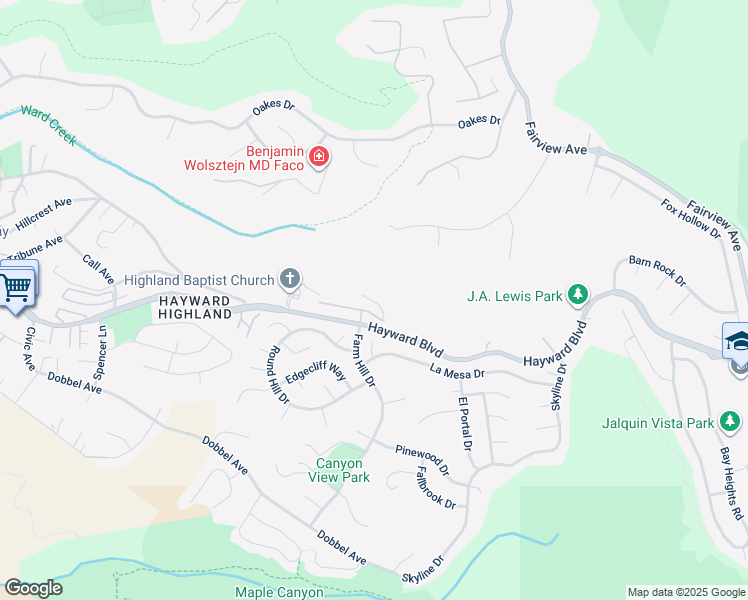 map of restaurants, bars, coffee shops, grocery stores, and more near 27050 Vista Bahia Way in Hayward