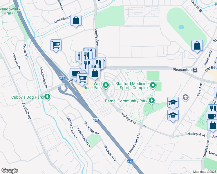 map of restaurants, bars, coffee shops, grocery stores, and more near 1654 East Gate Way in Pleasanton