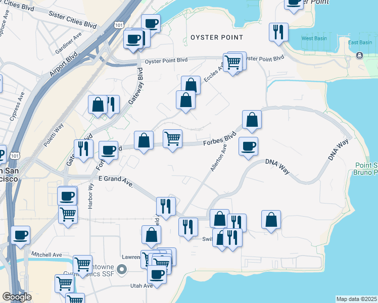 map of restaurants, bars, coffee shops, grocery stores, and more near 466 Forbes Boulevard in South San Francisco