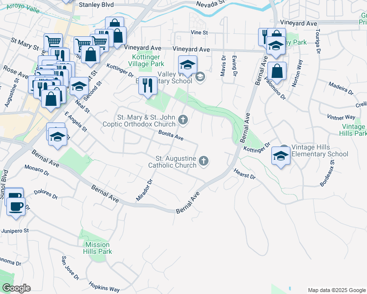 map of restaurants, bars, coffee shops, grocery stores, and more near 782 Neal Place in Pleasanton