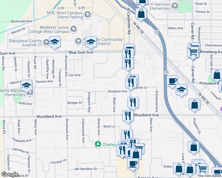 map of restaurants, bars, coffee shops, grocery stores, and more near 143 Watts Avenue in Modesto