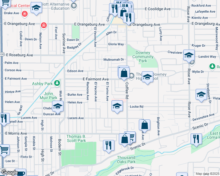 map of restaurants, bars, coffee shops, grocery stores, and more near 922 El Terino Avenue in Modesto