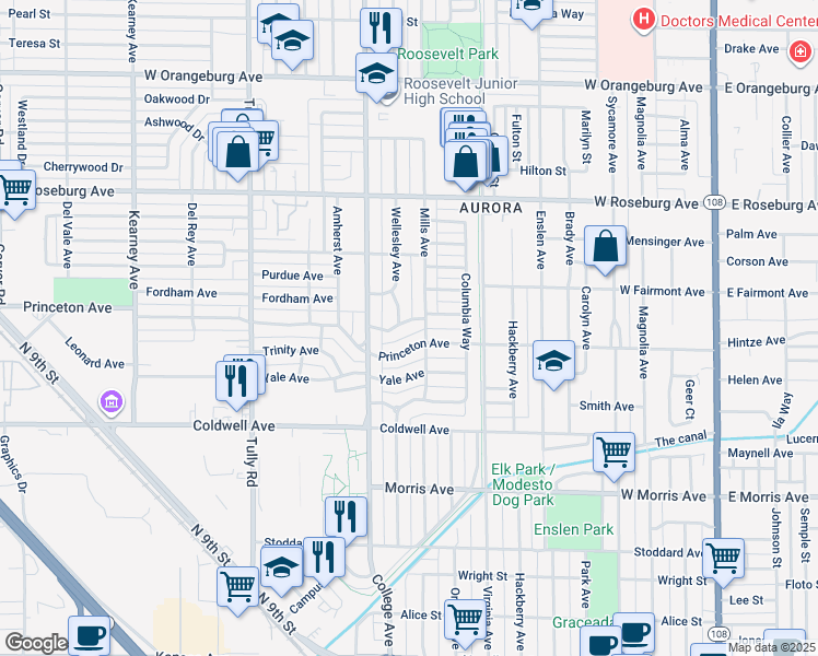 map of restaurants, bars, coffee shops, grocery stores, and more near 1020 Stanford Avenue in Modesto