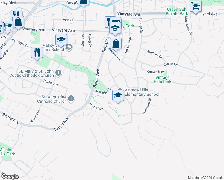 map of restaurants, bars, coffee shops, grocery stores, and more near 1159 Kottinger Drive in Pleasanton