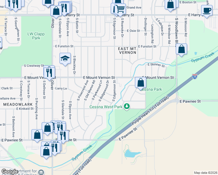 map of restaurants, bars, coffee shops, grocery stores, and more near 2036 South Ridgewood Drive in Wichita