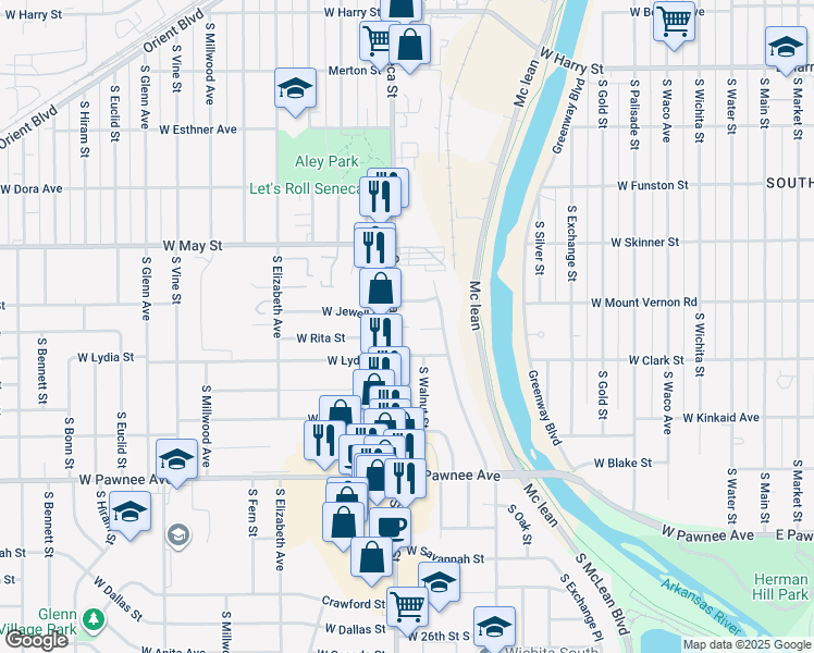 map of restaurants, bars, coffee shops, grocery stores, and more near 913 West Rita Street in Wichita