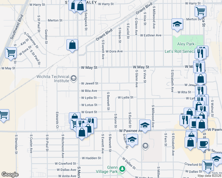 map of restaurants, bars, coffee shops, grocery stores, and more near 2039 West Rita Street in Wichita
