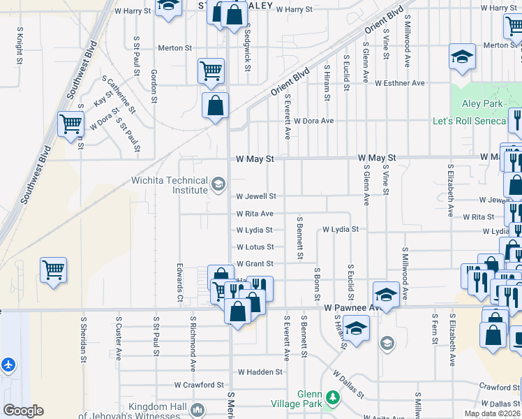 map of restaurants, bars, coffee shops, grocery stores, and more near 2327 West Rita Avenue in Wichita
