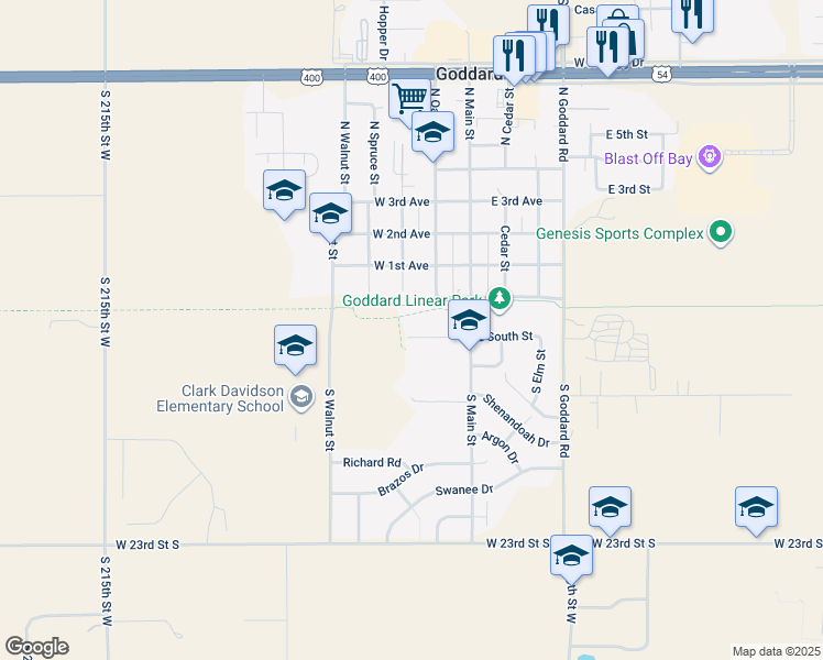 map of restaurants, bars, coffee shops, grocery stores, and more near 132 West South Street in Goddard