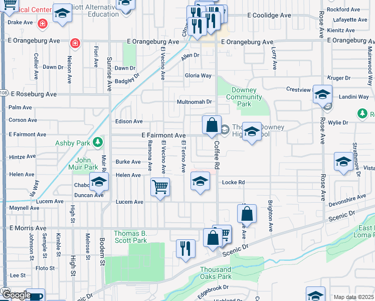 map of restaurants, bars, coffee shops, grocery stores, and more near 922 El Terino Avenue in Modesto